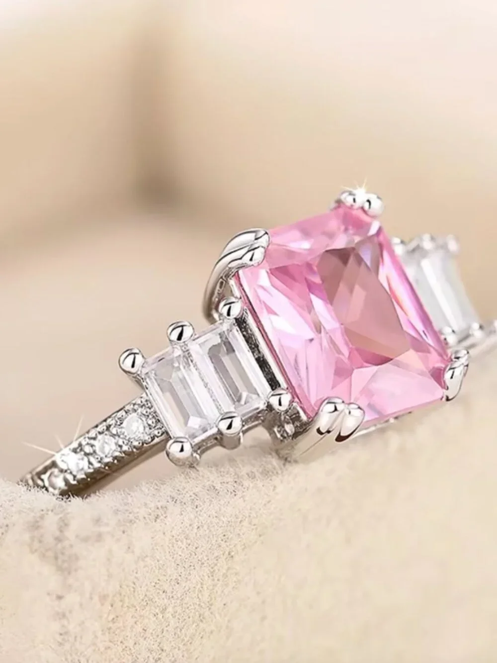 Pink Emerald-Cut Center Stone Three-Stone Ring - Picture 3 of 4